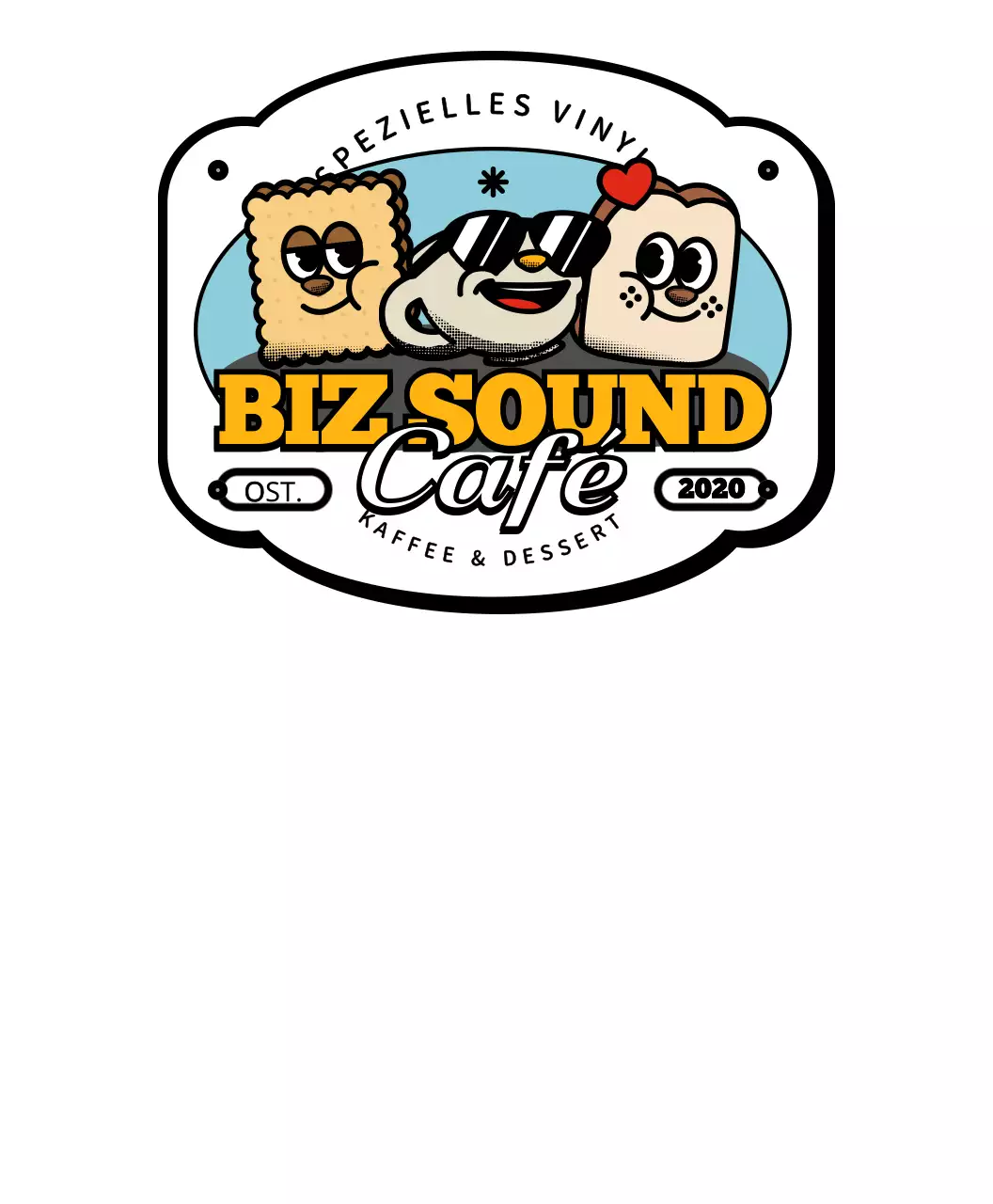 Eine Serie von niedlichen und angesagten Cafe-Artikeln im Logo-Stil in Gelb und Schwarz.