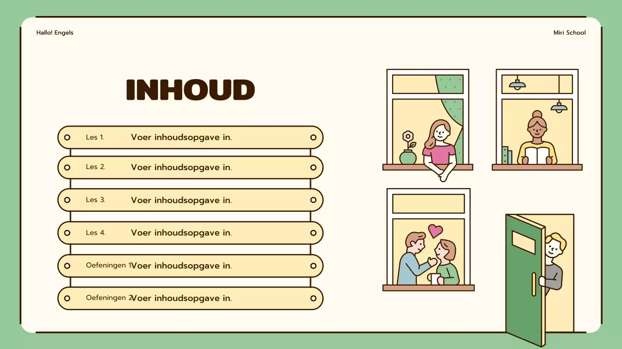 Engelse lessen met leuke illustraties in beige en groen