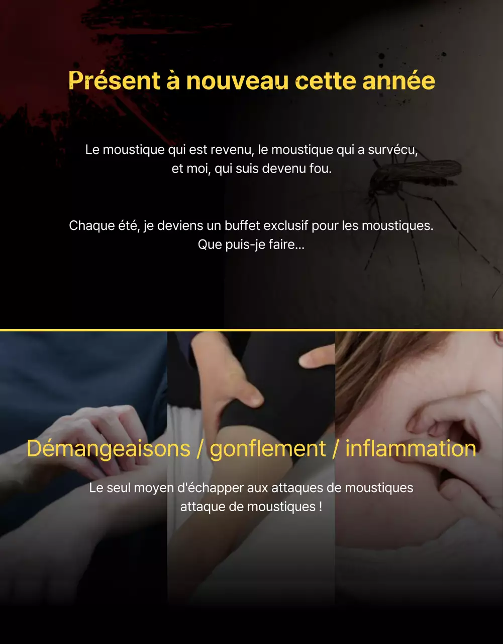 Promouvoir les produits anti-moustiques avec un aspect sombre, semblable à celui d'une affiche de film.