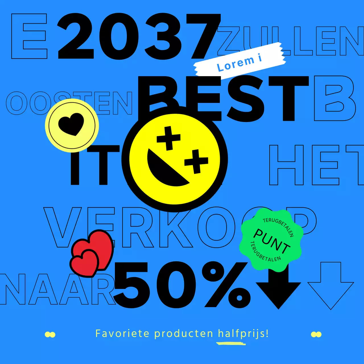 Kitscherig concept met blauwe typografie en platte, eenvoudige stickers voor een eerste halfjaarlijkse eindejaarspromotie