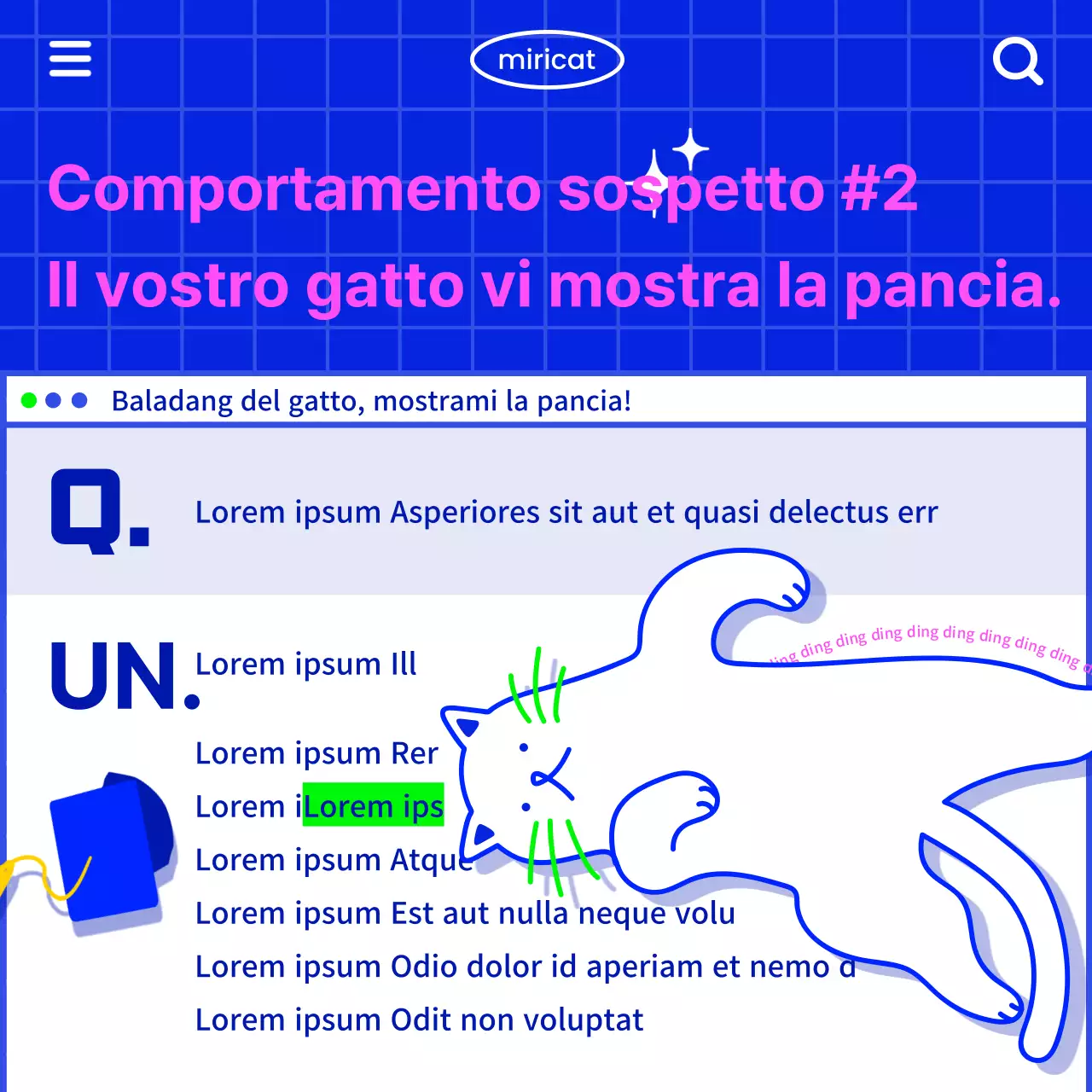 Comunicare informazioni sui gatti con un'atmosfera retrò da internet, con un'illustrazione di gatto bianco su sfondo blu.