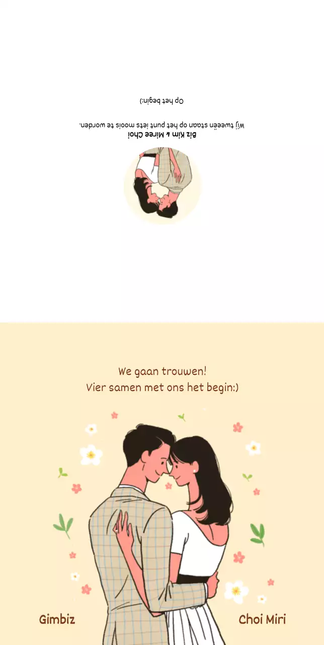 Bruid en bruidegom huwelijksuitnodigingen tegenover elkaar op een lichtgele achtergrond