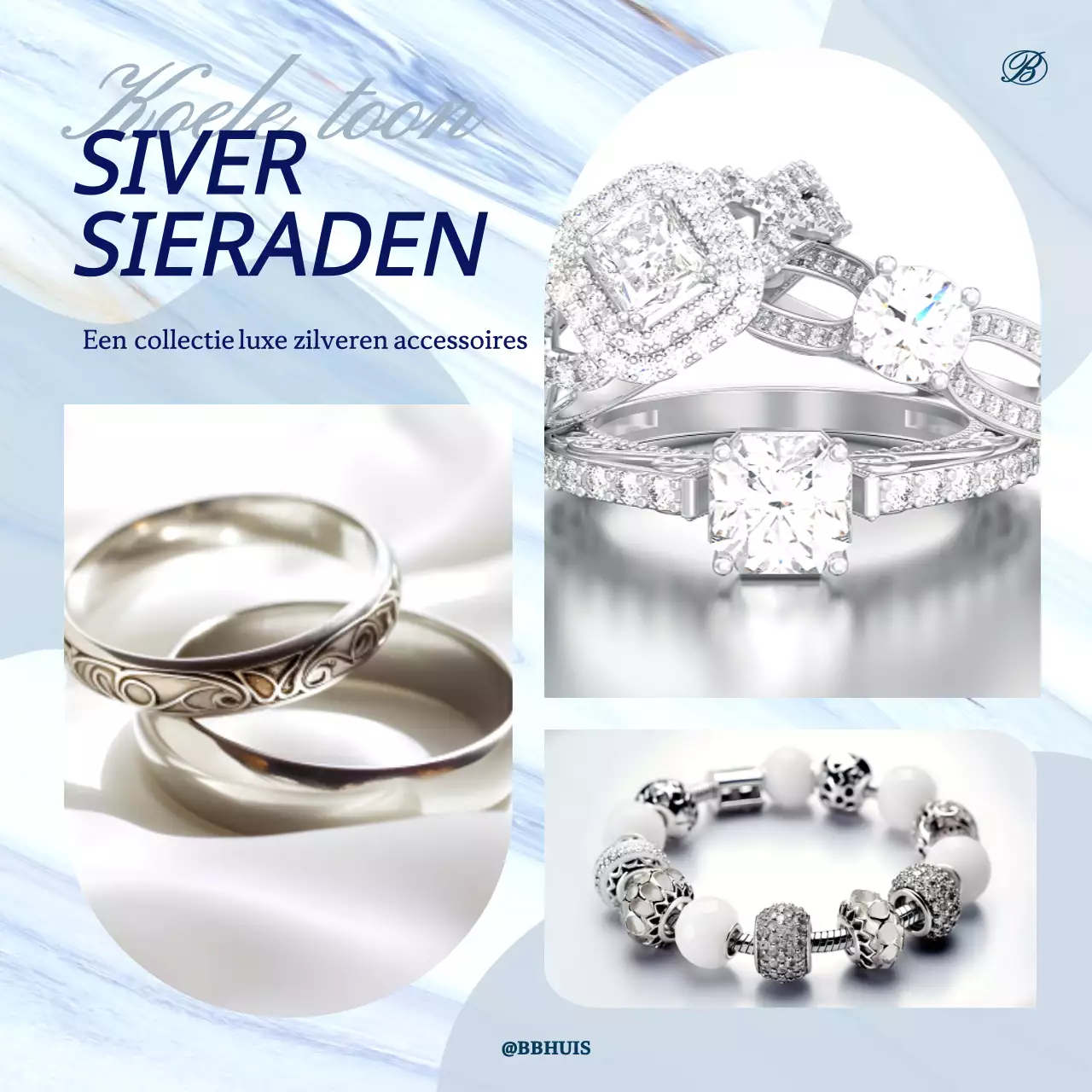 Advertentie voor luxe zilveren accessoires in lichtblauw en grijs