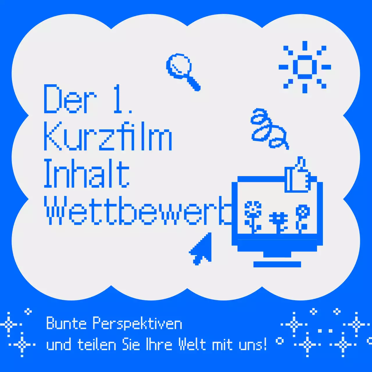 Aufruf für Retro-Pixelkunst-Kurzform-Inhalte mit hellblauem Hintergrund