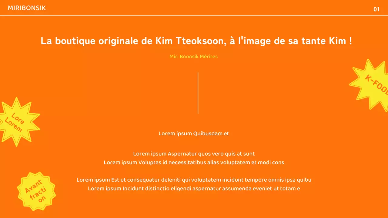 Profil d'une entreprise de restauration avec des accents de couleur orange et jaune et mise en page de photos