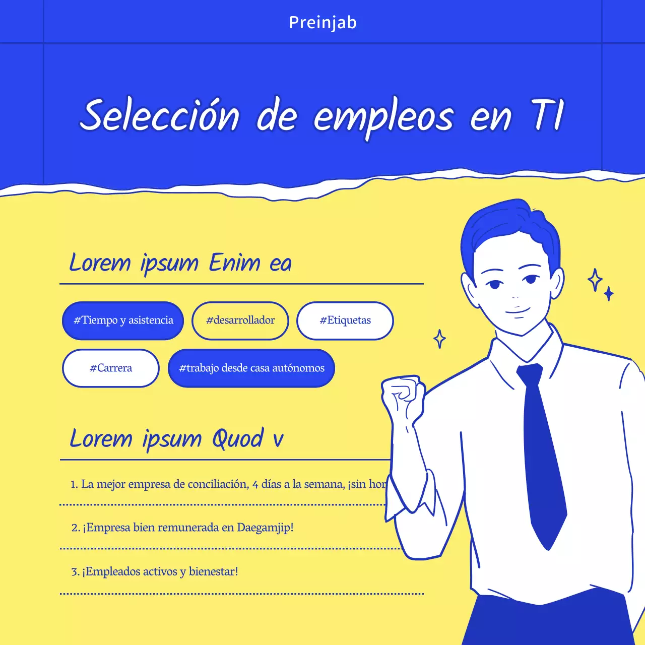 Ofertas de empleo corporativas con ilustraciones elegantes y a la moda en azul y amarillo.