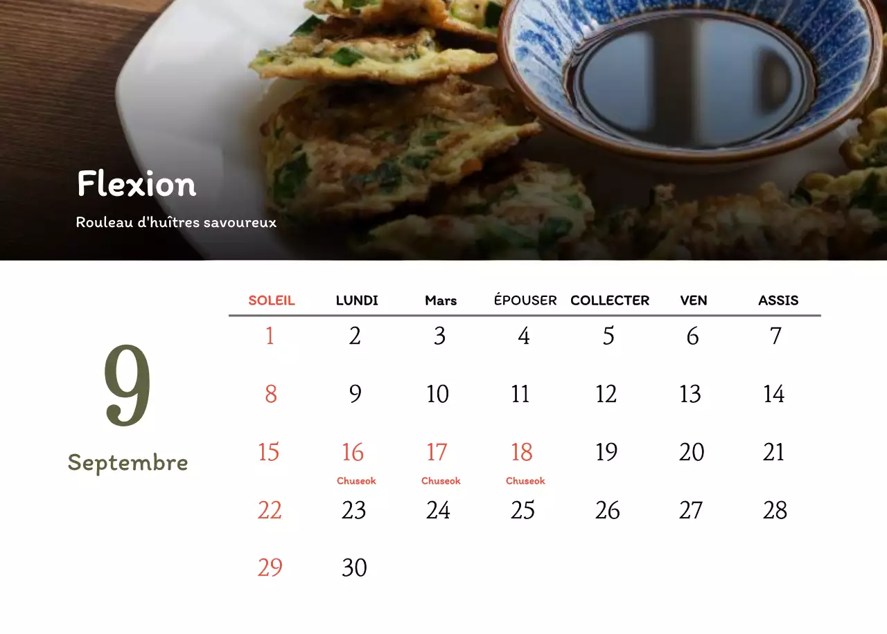 Calendrier des coupons de restaurants coréens traditionnels en beige et marron