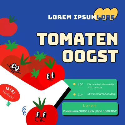Informatie over de oogst van rode tomaten op een blauwe achtergrond met schattige illustraties