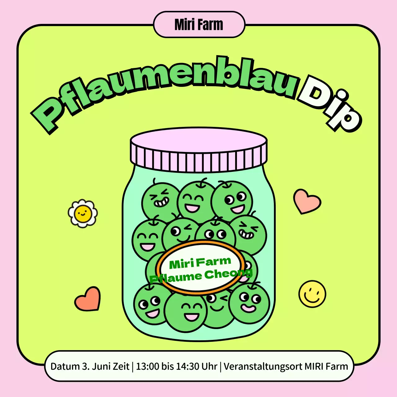 Förderung der grünen, niedlichen Figuren des Pflaumengetränks