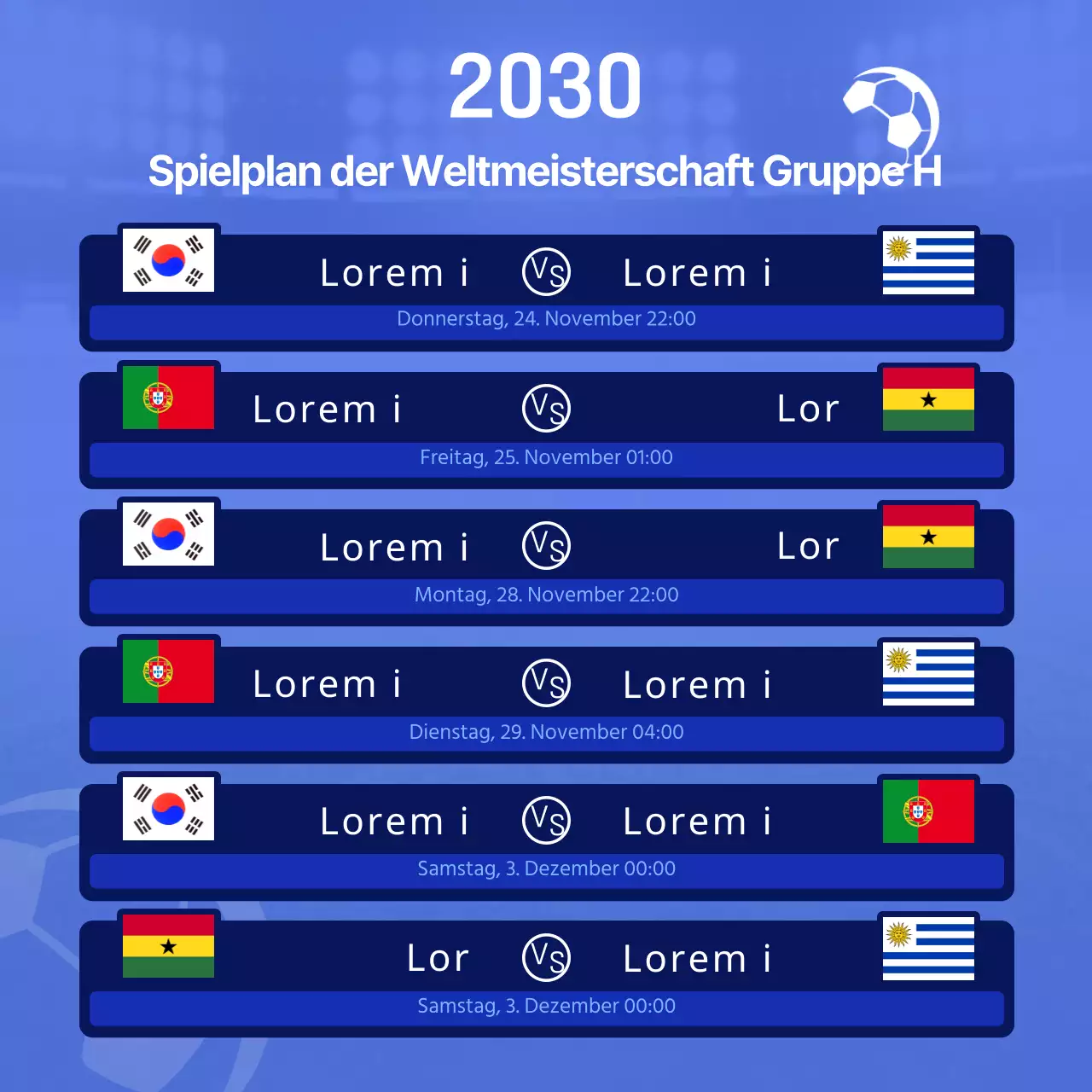 Leuchtend blaue und marineblaue Klammer Fußball Zeitplan