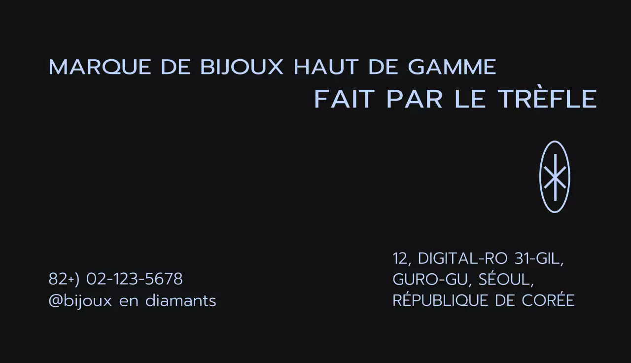 Carte de visite d'une marque de bijoux moderne en bleu clair et noir