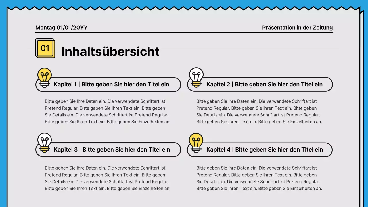 Kräftige Linien und eine aufmerksamkeitsstarke Präsentation in einem Zeitungskonzept mit gelben und hellblauen Akzentfarben