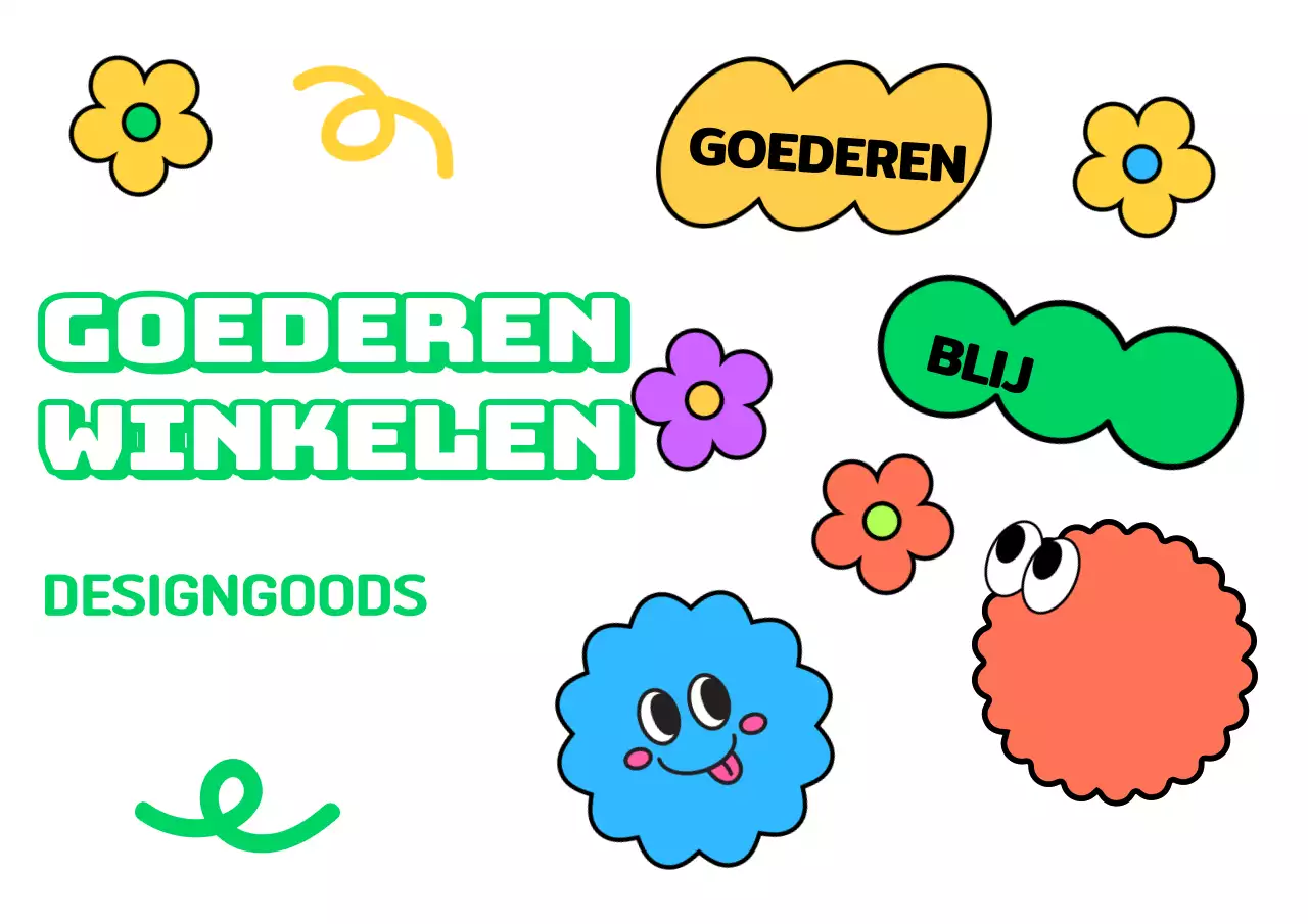 Goederenwinkelontwerp met schattige, kleurrijke illustraties van vormpjes en bloemen