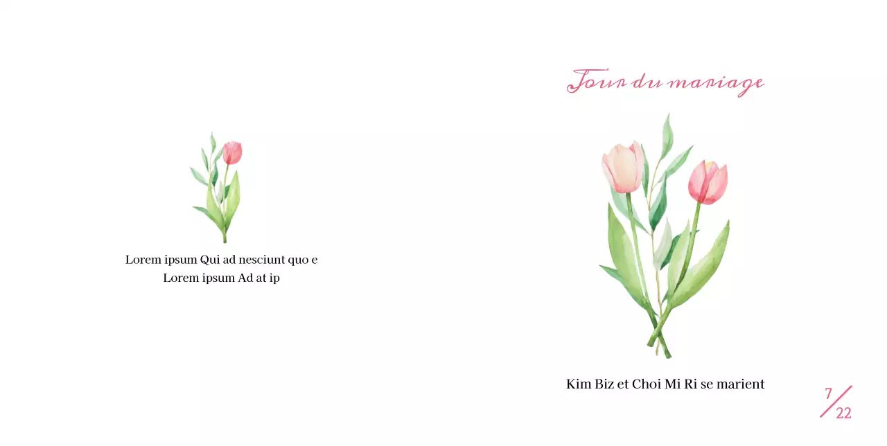 Invitation de mariage simple avec des tulipes roses sur fond blanc