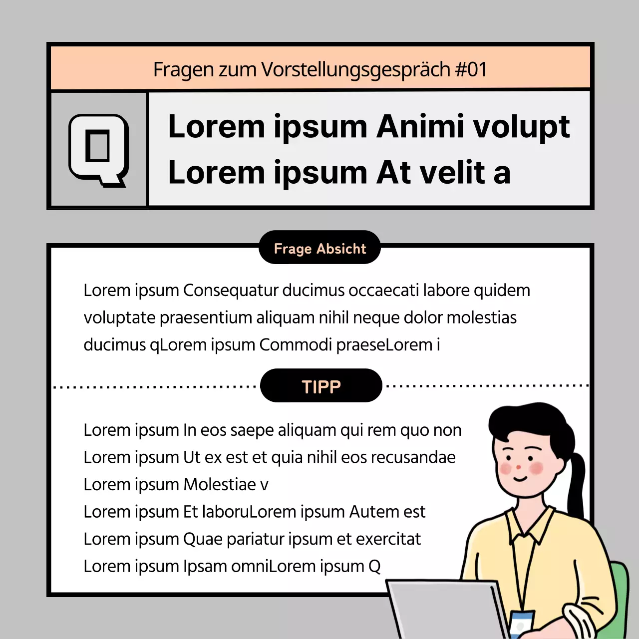 Orange-schwarze Tipps für zu erwartende Interviewfragen und Musterantworten