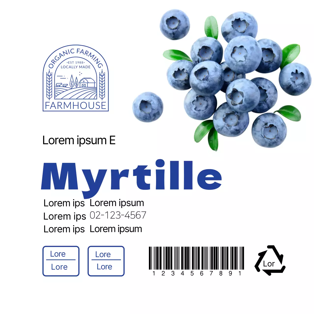 Étiquette bleue blanche et soignée de myrtille