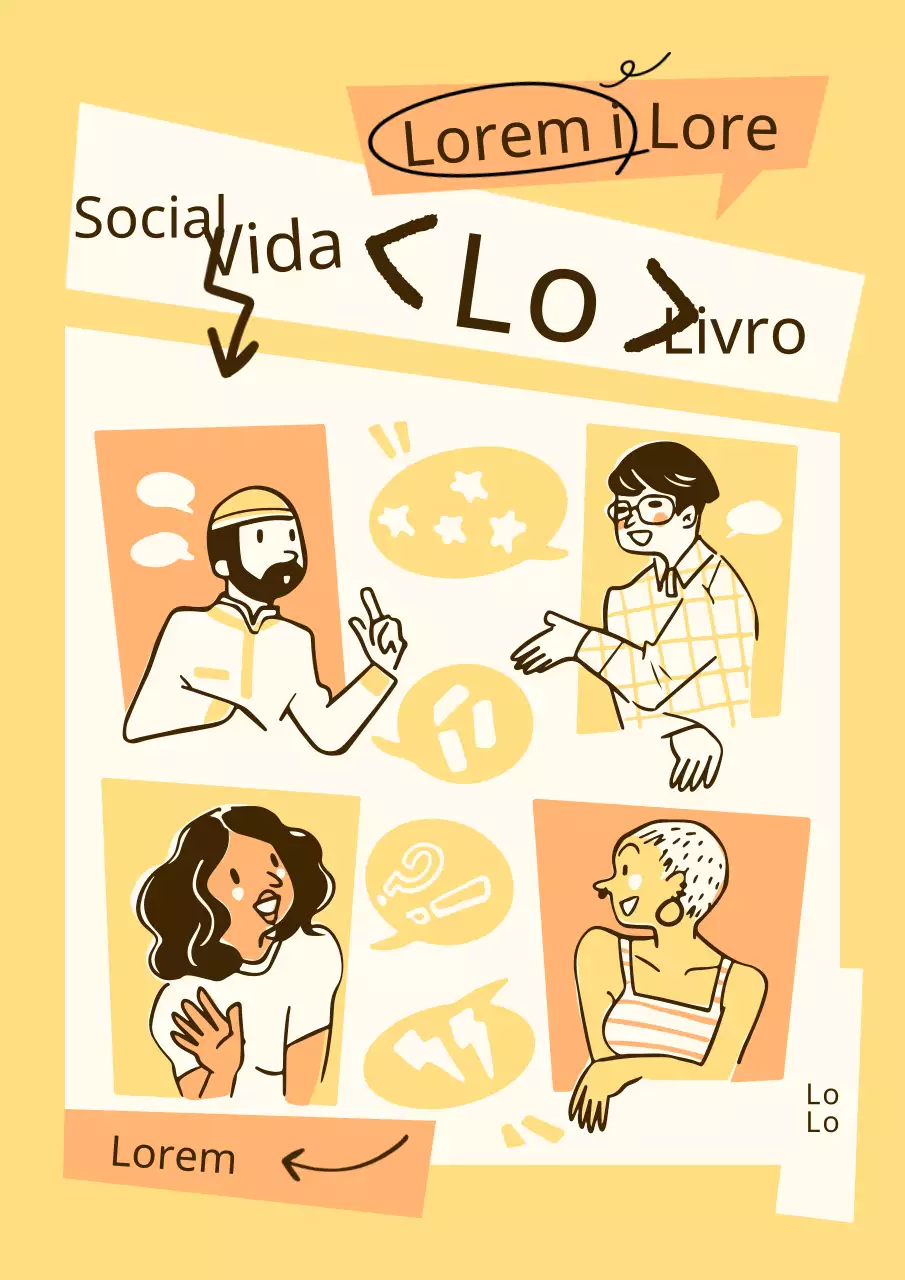 Livro de orientação para a vida social com o conceito de pessoas falantes a amarelo e laranja