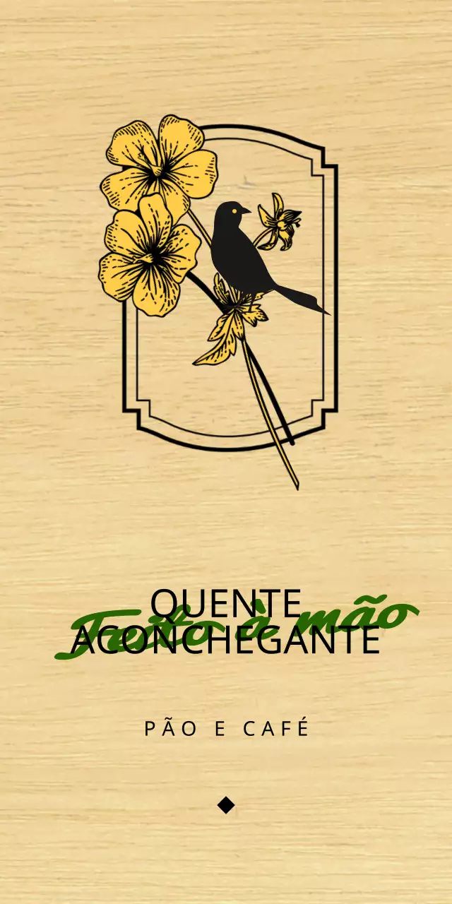 Design emocional de um café com padaria com ilustrações de flores e pássaros a preto e amarelo