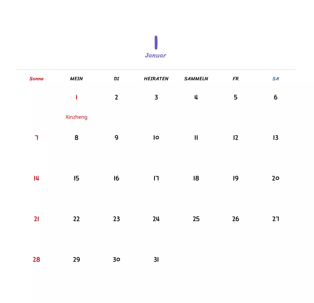 Neujahrskalender mit niedlichen Illustrationen
