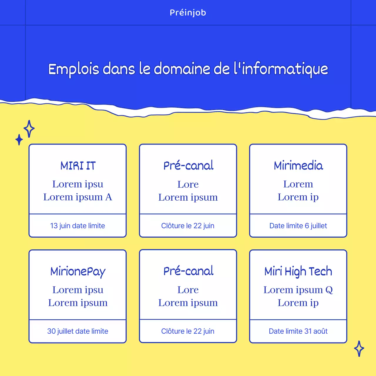 Offres d'emploi pour les entreprises avec des illustrations élégantes et à la mode en bleu et jaune.