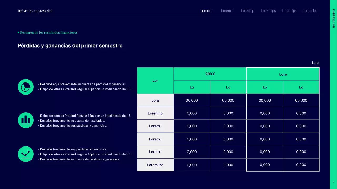 Informe simple de resultados del primer semestre con círculos azul marino y verde