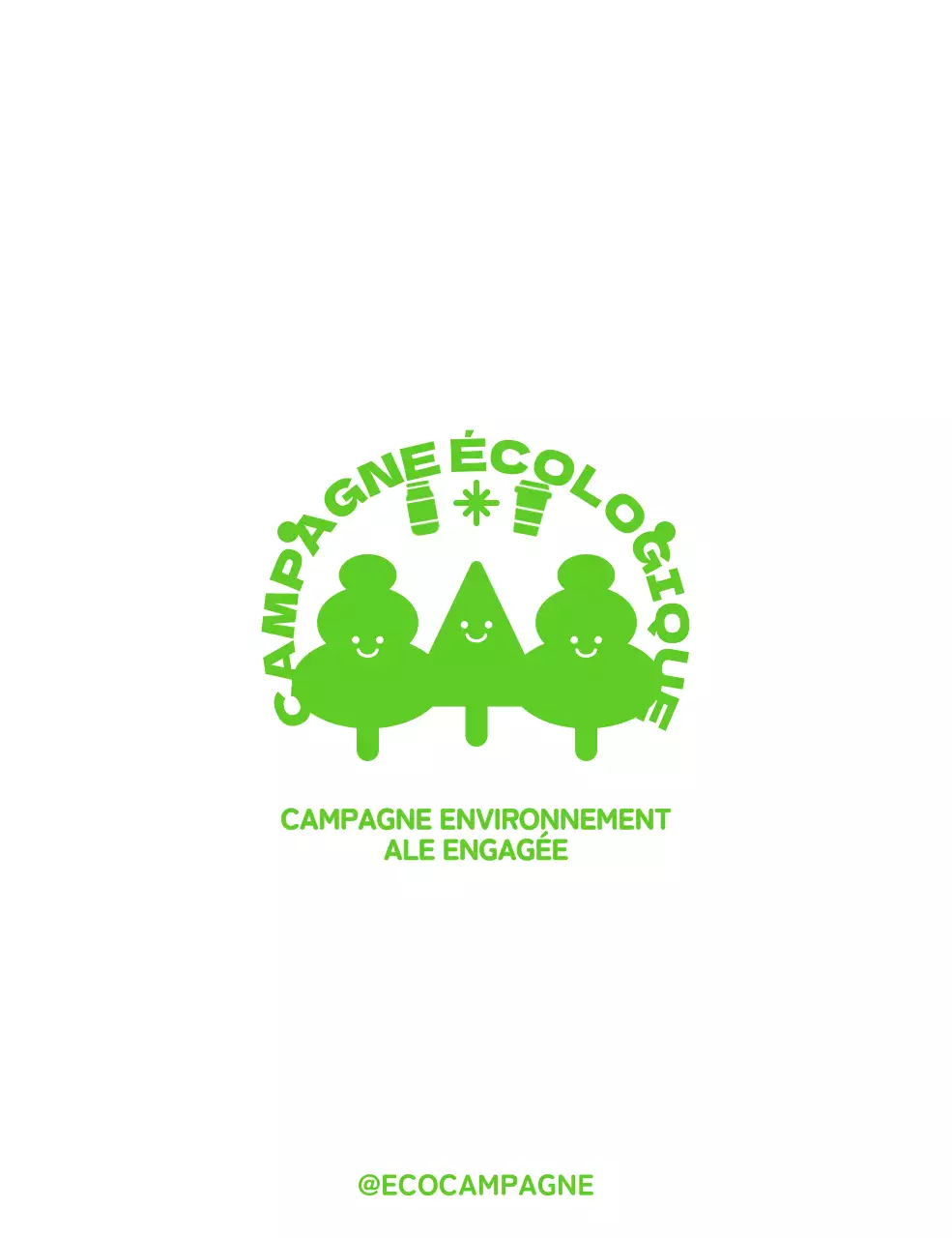 Une campagne écologique stylisée avec des personnages en bois et des combinaisons de textes.