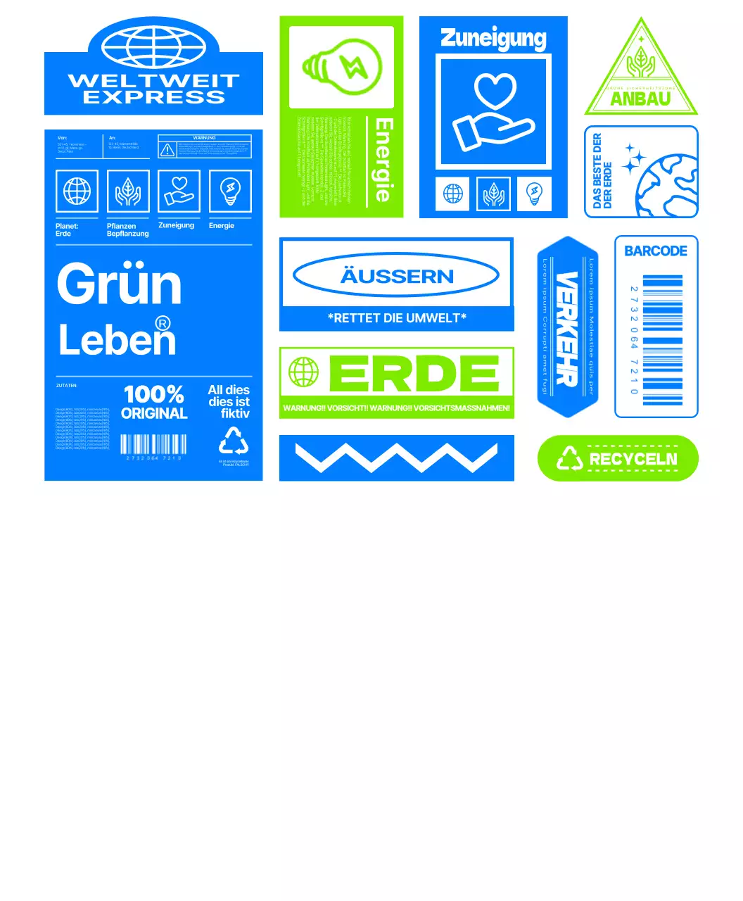 Einfache Paketaufkleber Konzept Umweltgruppe T-Shirt in blau und lindgrün.