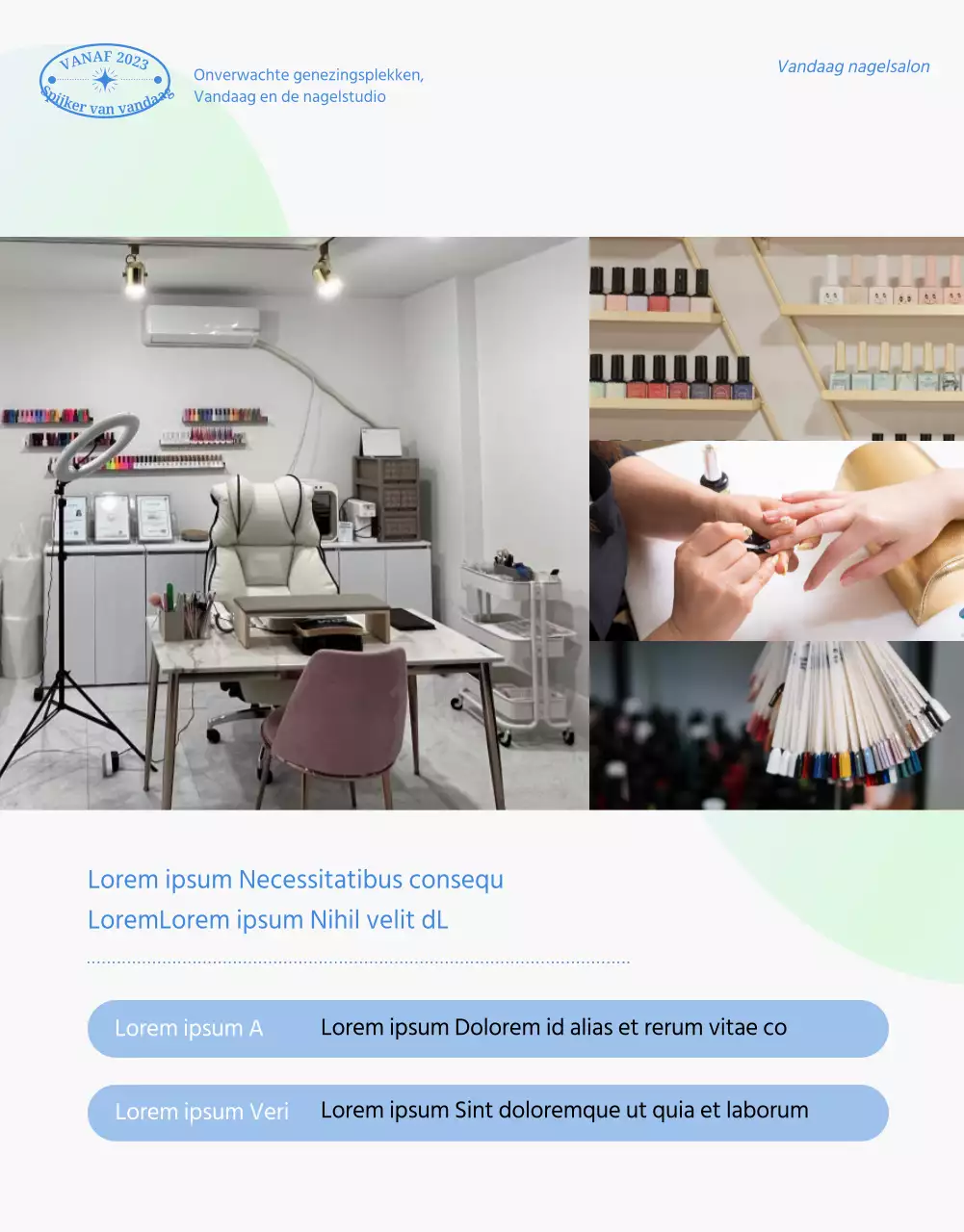 Promotiethema voor een nagelsalon met nette fotonagels in chartreuse en blauw