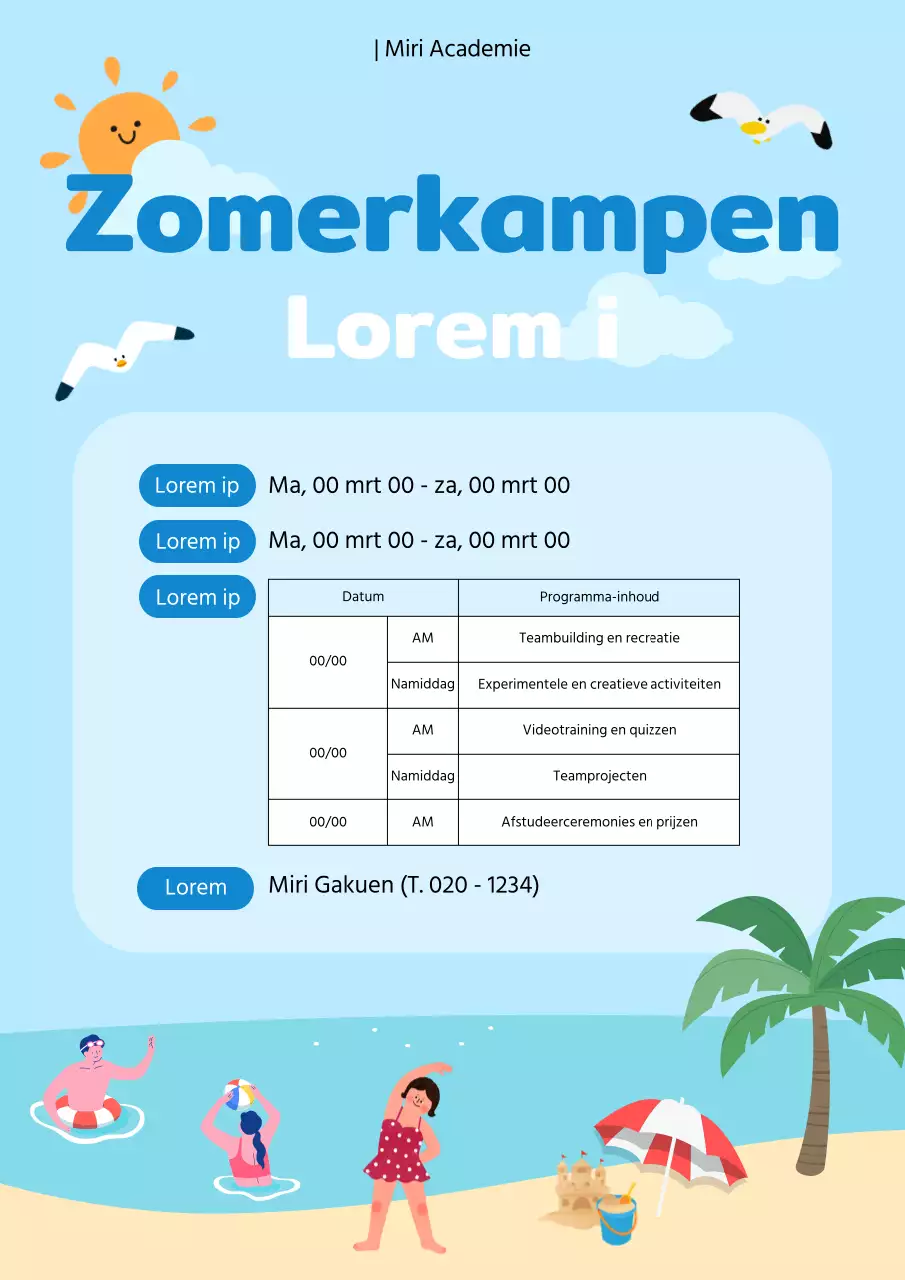 Een gids voor het zomerkamp van de school met de achtergrond van de zee