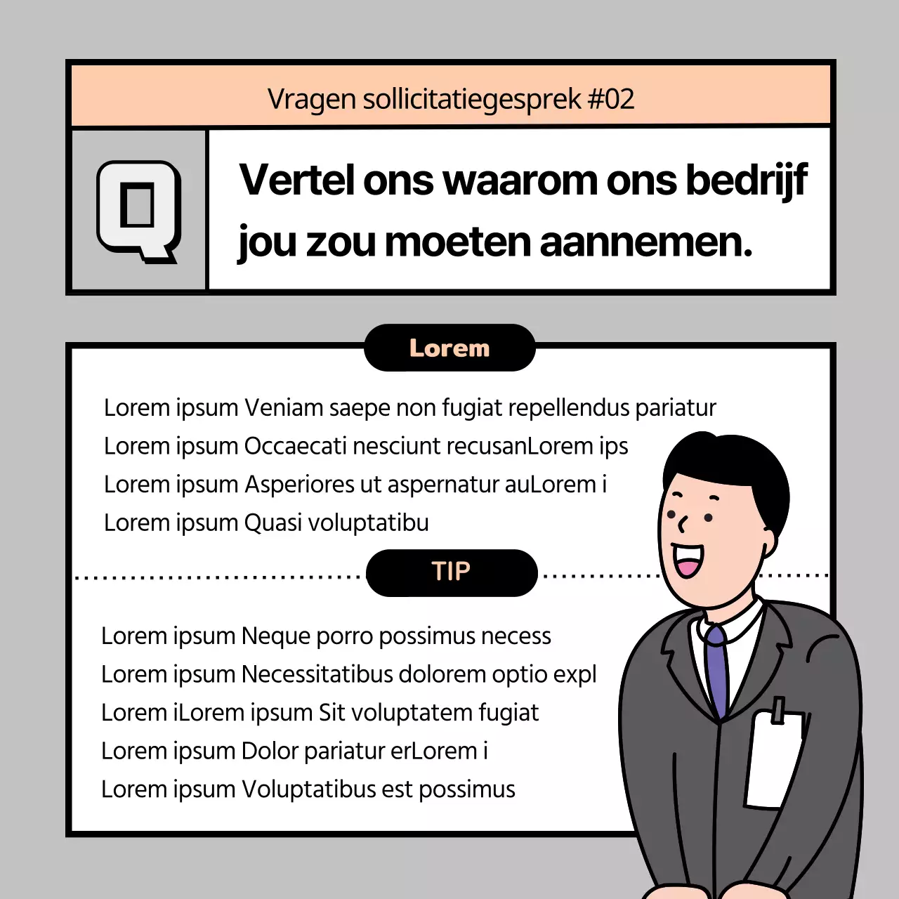 Oranje en zwarte tips voor verwachte interviewvragen en modelantwoorden