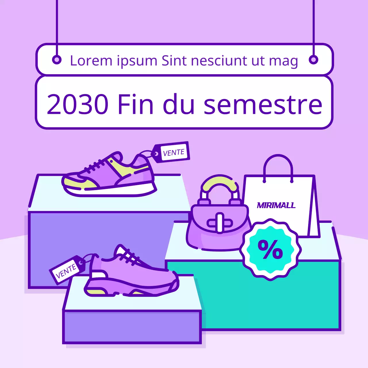 Fin du premier semestre de l'année : vente d'articles populaires avec un joli concept d'illustration au trait en mauve