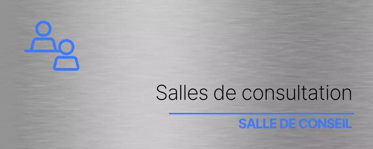 Porte-nom simple avec le nom du cabinet dentaire en bleu et noir et un pictogramme simple