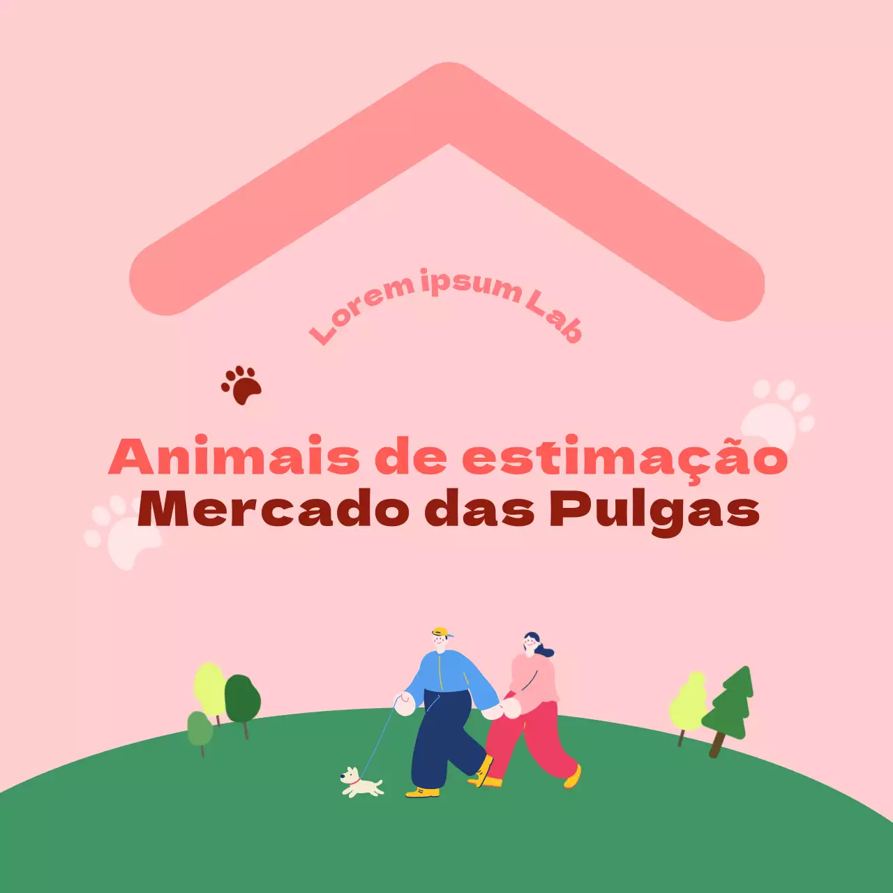 Para locais de feiras da ladra com ilustrações de cães e humanos cor-de-rosa e verdes