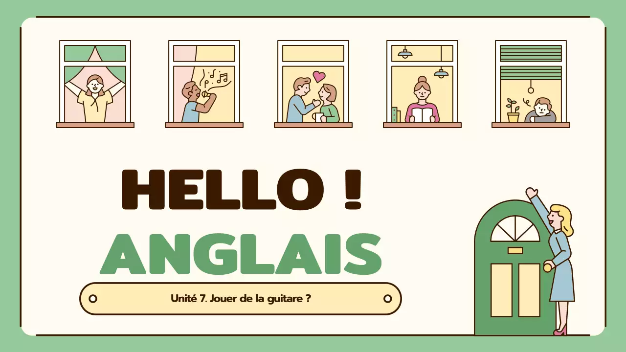 Cours d'anglais mettant en valeur des illustrations mignonnes dans les tons beige et vert