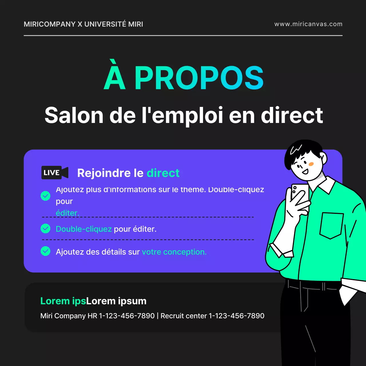 Un salon de l'emploi en ligne pour un développeur informatique, avec une ambiance citadine, des formes géométriques en noir et des couleurs néon.