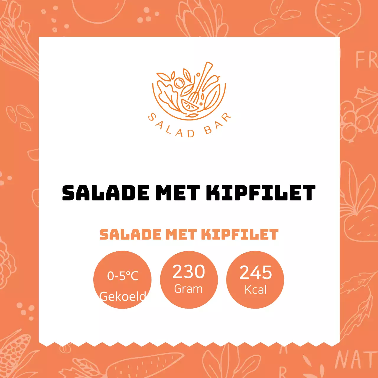 Salade label met kipfilet met oranje patroon