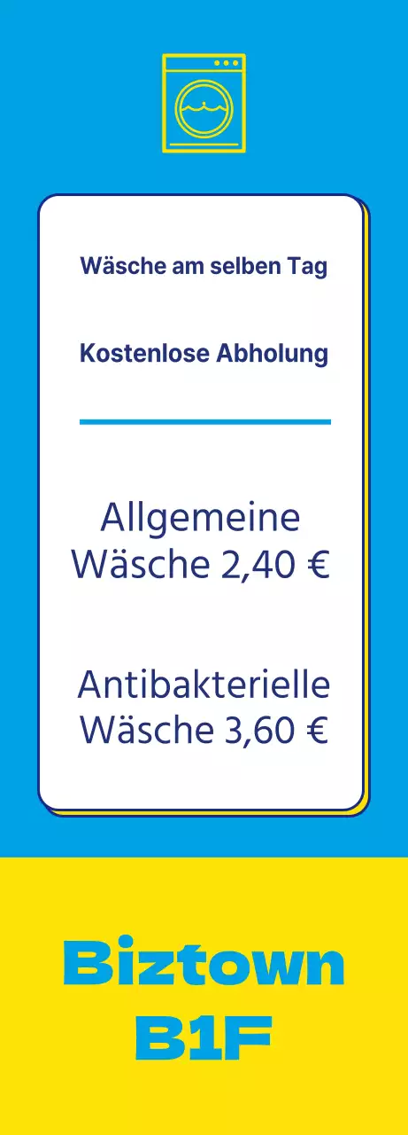 Waschsalon-Banner mit einem Wäschesymbol in gelber Punktfarbe auf blauem Hintergrund