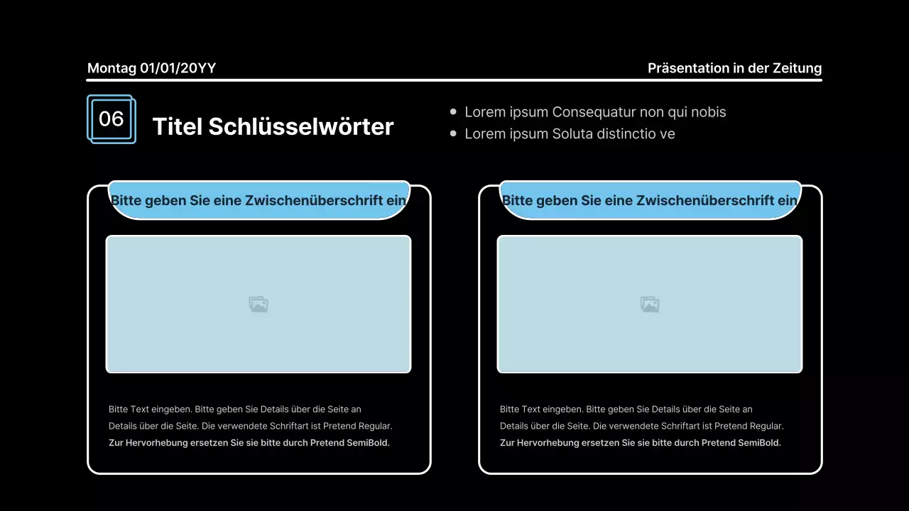 Aufmerksamkeitsstarke Präsentation mit fetten Linien in einem Zeitungskonzept auf schwarzem Hintergrund