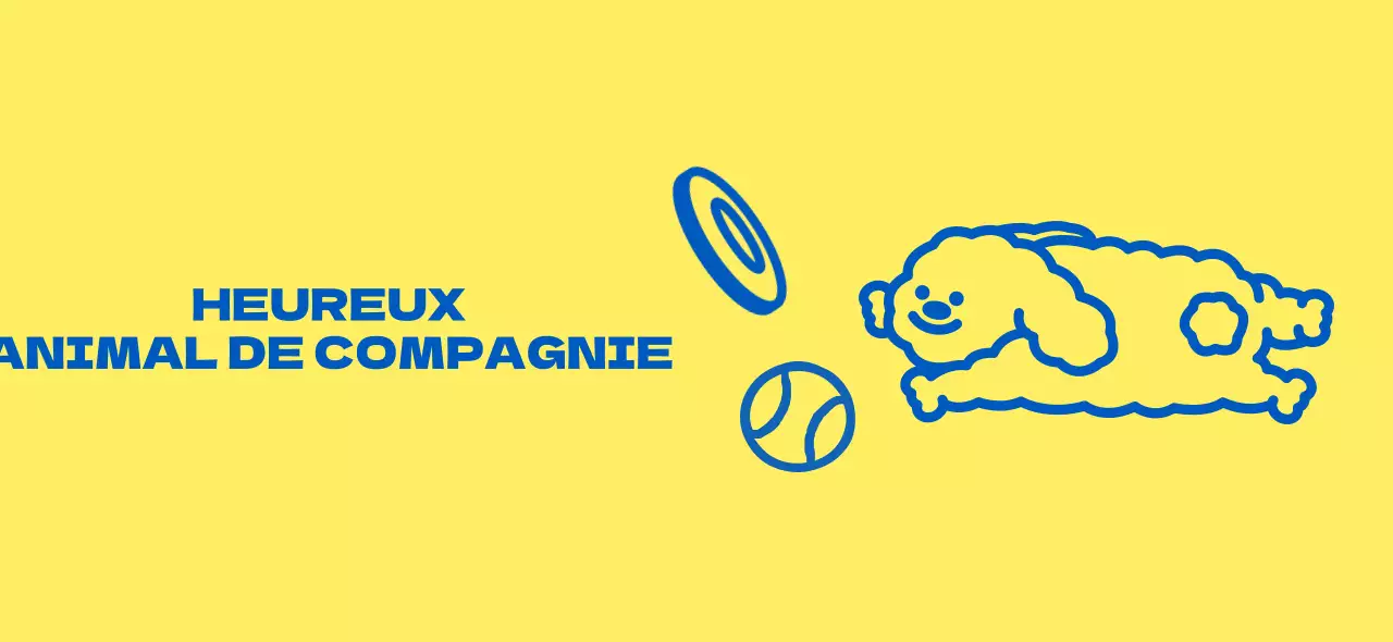 Design d'un magasin d'articles pour animaux de compagnie avec de jolies illustrations jaunes et bleues d'articles pour chiens et de chiots.