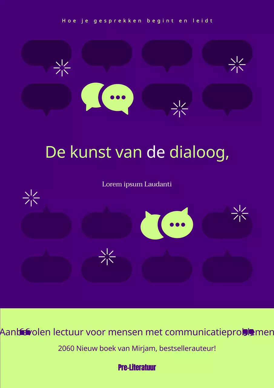 Technische cover van het gesprek met paarse en limoengroene accenten