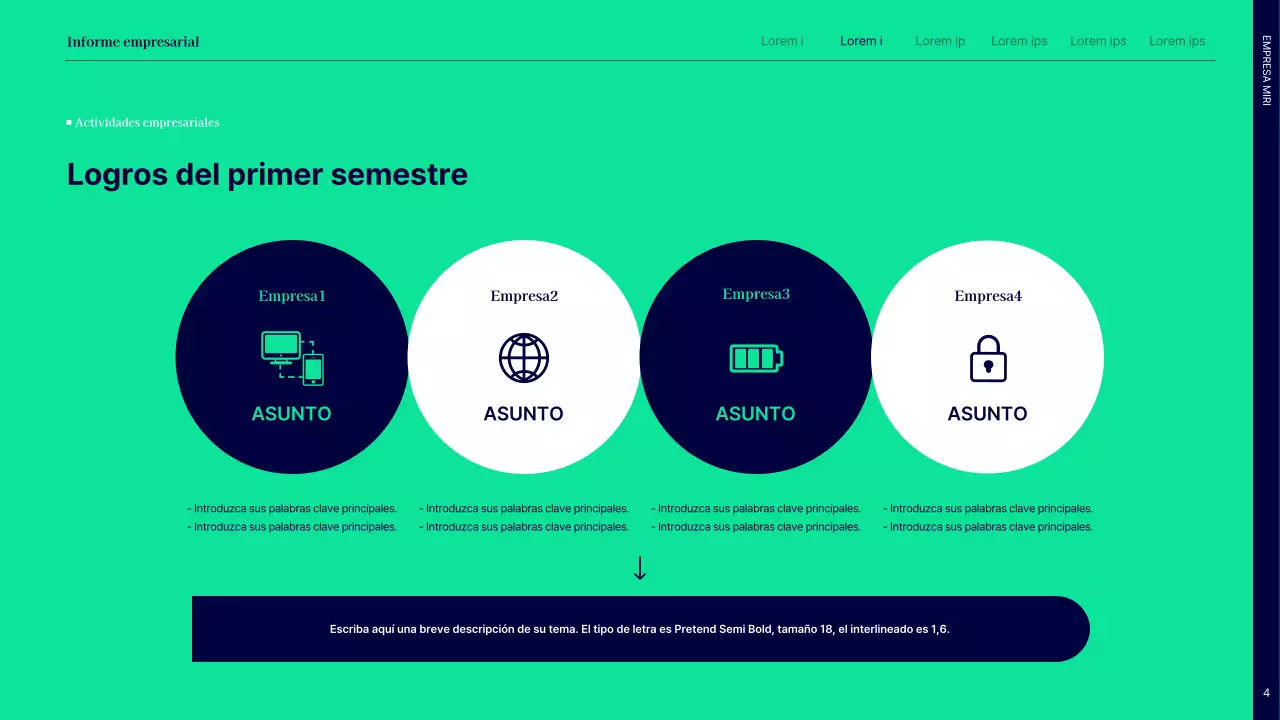 Informe simple de resultados del primer semestre con círculos azul marino y verde