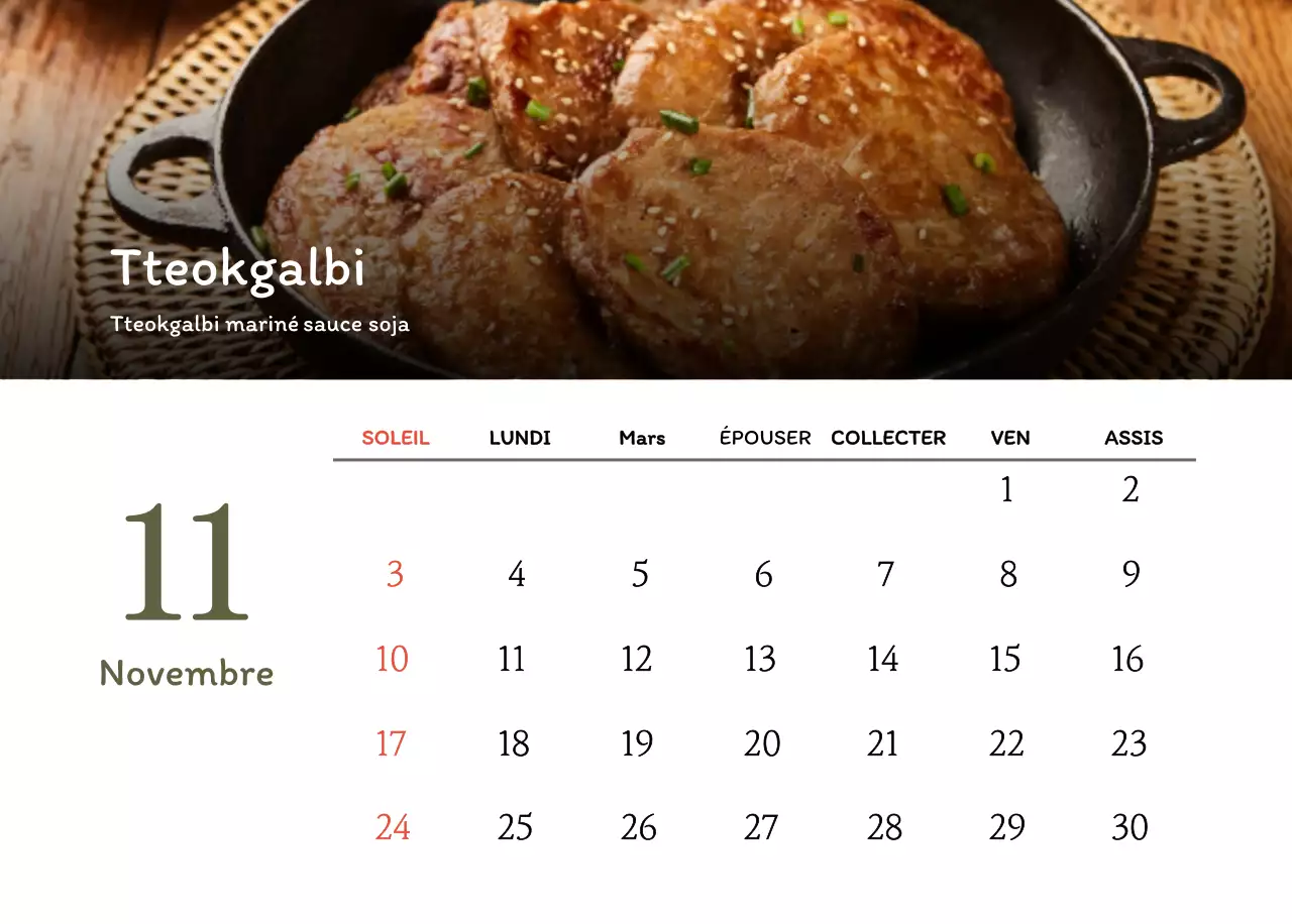 Calendrier des coupons de restaurants coréens traditionnels en beige et marron