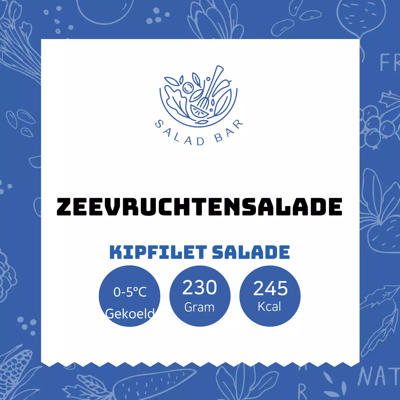 Label zeevruchtensalade met blauw patroon
