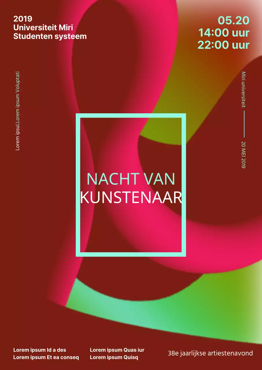 Promoot een universiteitsfestival met een abstracte achtergrond van rode curven en verlopen