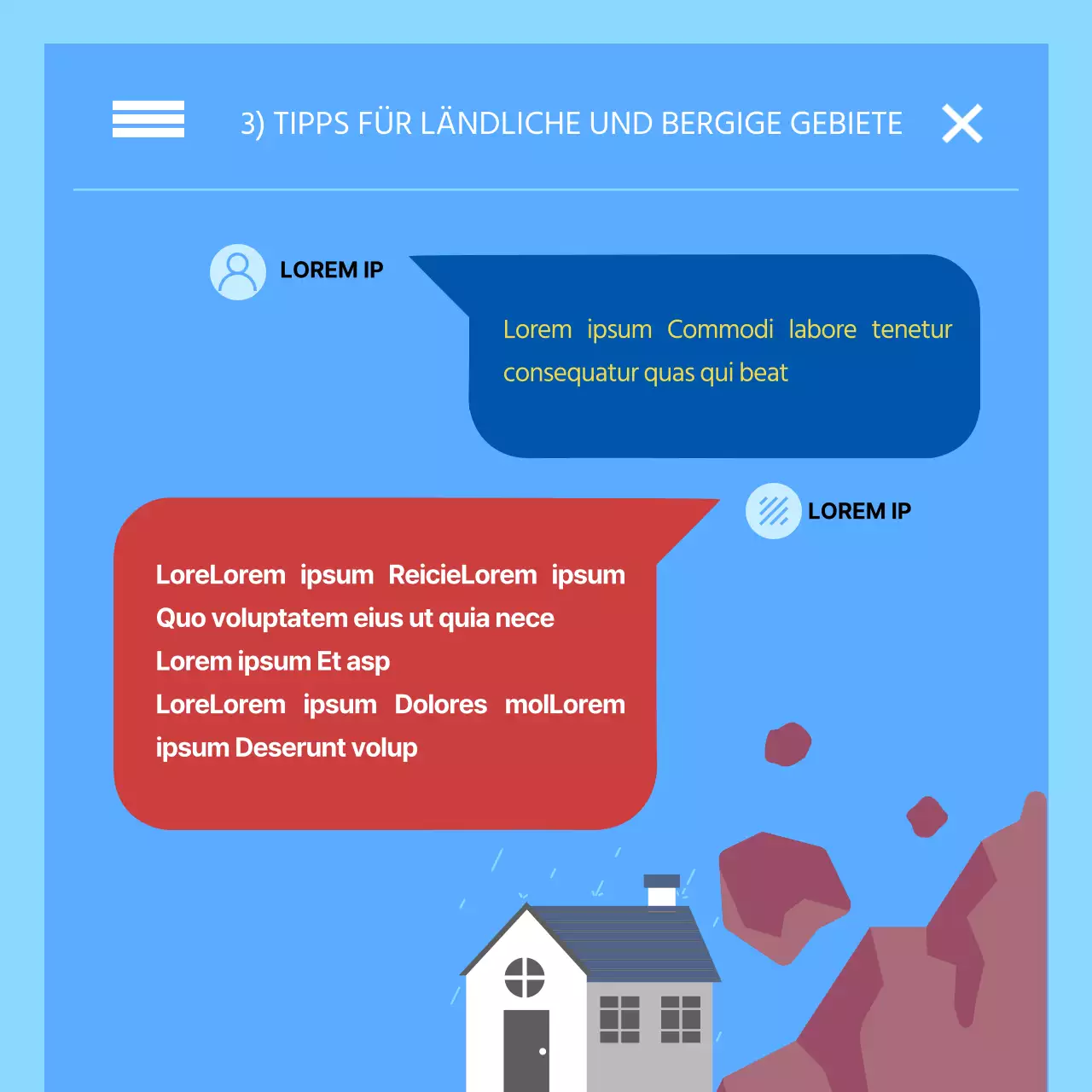 Trendiges rotes und blaues Katastrophenalarm-Textkonzept Starkregen-Warninformationen