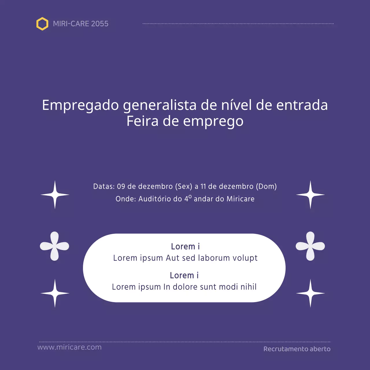 Um anúncio de recrutamento simples, a roxo e branco, para novas contratações