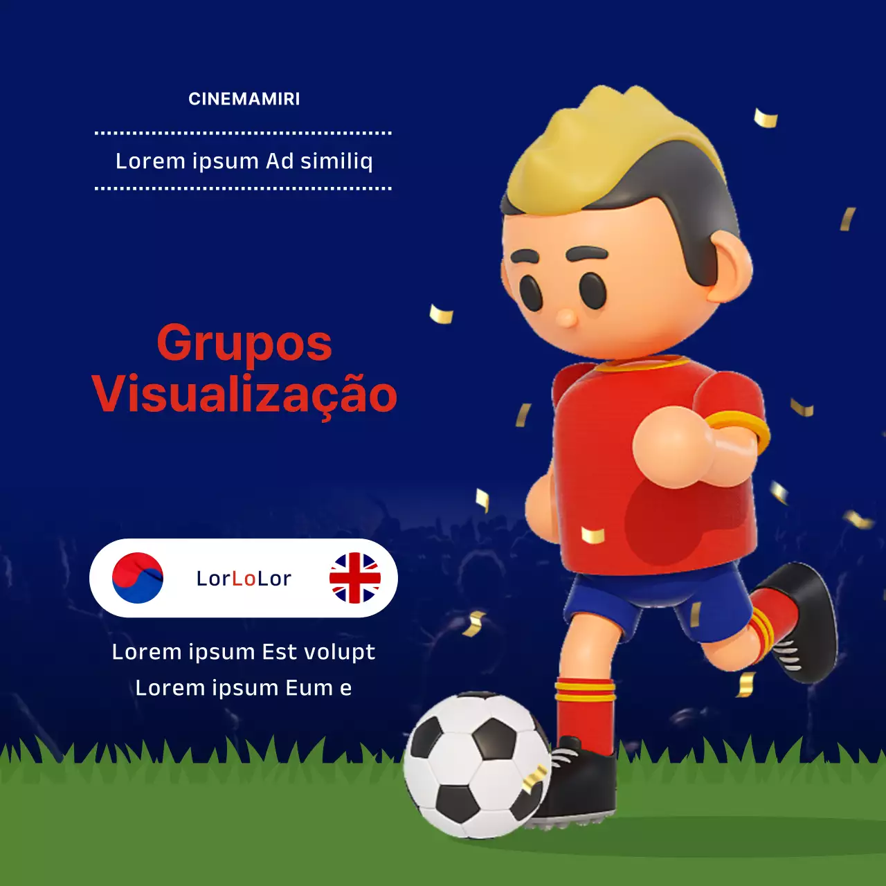 Jogo de futebol estereoscópico 3D em direto em azul e vermelho