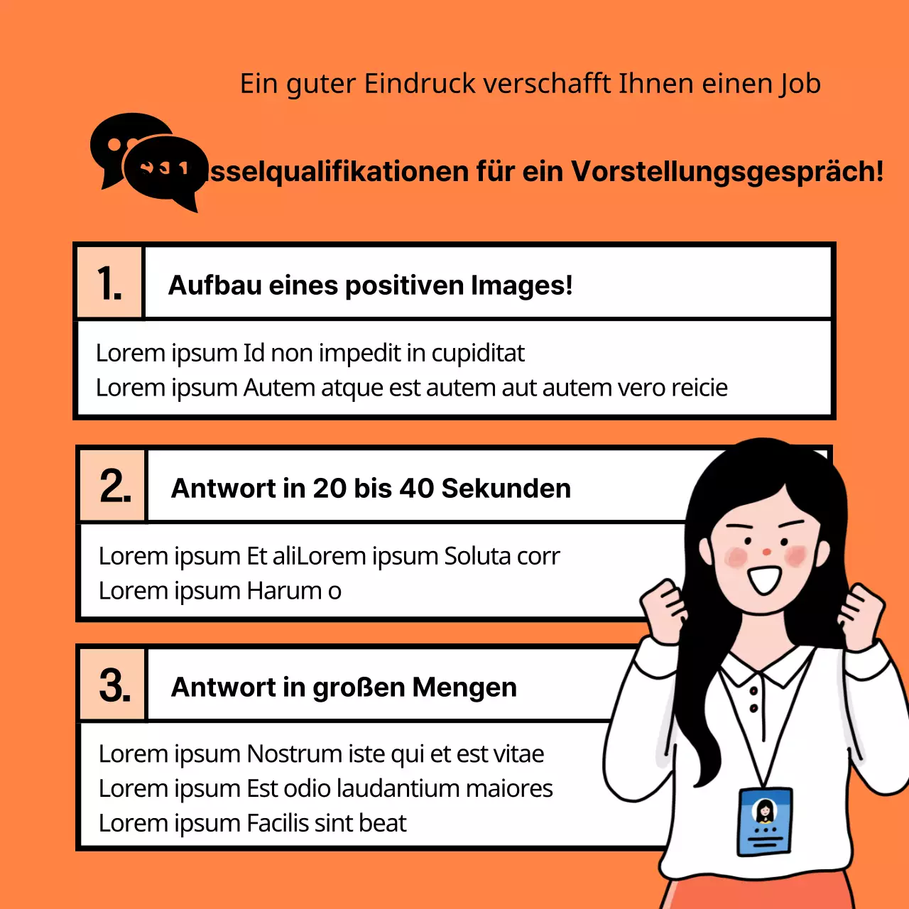 Orange-schwarze Tipps für zu erwartende Interviewfragen und Musterantworten