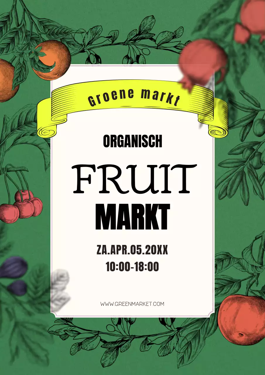 Boerenmarkt promotieposter met hand getekend fruit op groene achtergrond