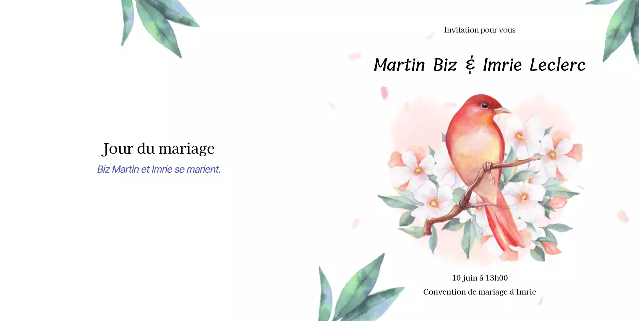 Invitation de mariage avec des fleurs d'amour et des perroquets dans les tons roses